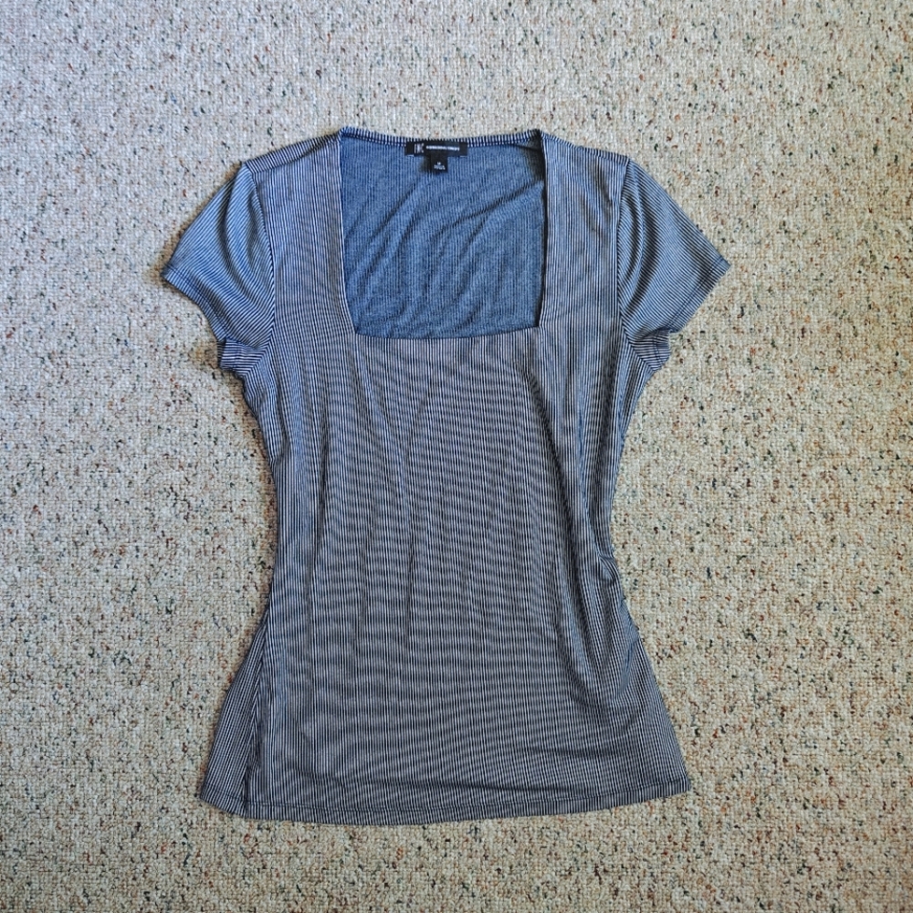 INC International Concepts Blue and White Striped Short Sleeve Square Neck Top